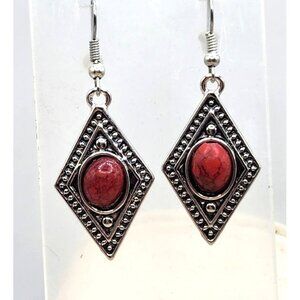 Boho Tribal Silver-Tone Diamond-Shaped Earrings With Red Stone Accents For Women